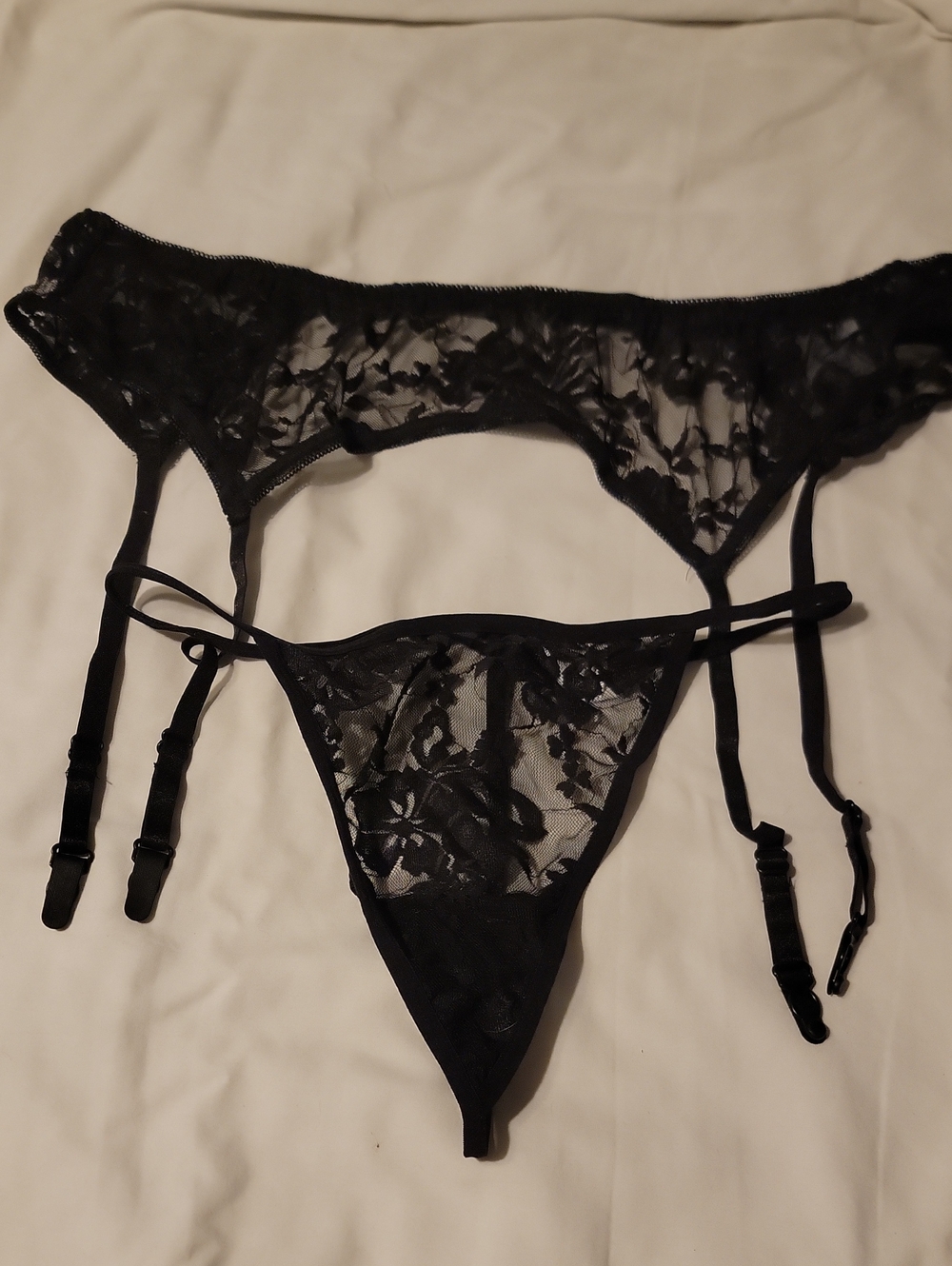 Spirit Black Sheer Floral Lace Garter Belt with Thong